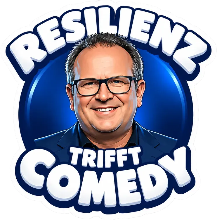 Logo „Resilienz trifft Comedy“ mit Porträt von Stefan Porciello